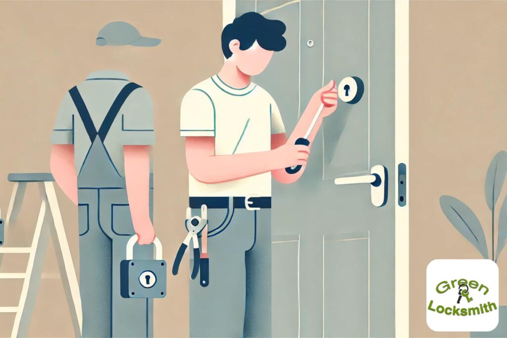 Flat illustration of a locksmith updating door locks for tenant transitions.