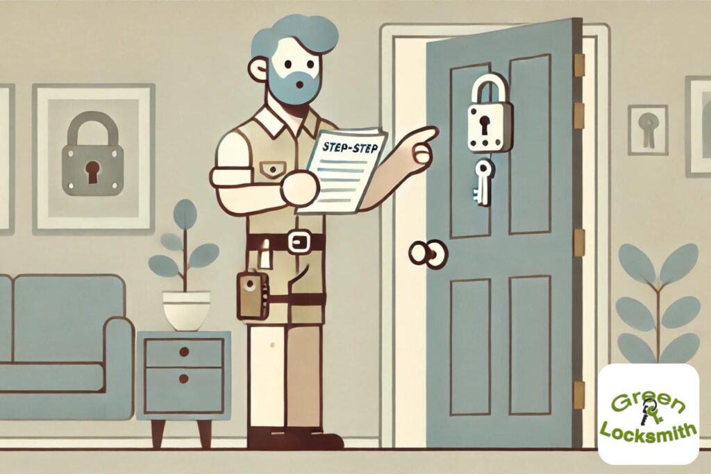 Flat illustration of a locksmith consulting a guide to change locks.
