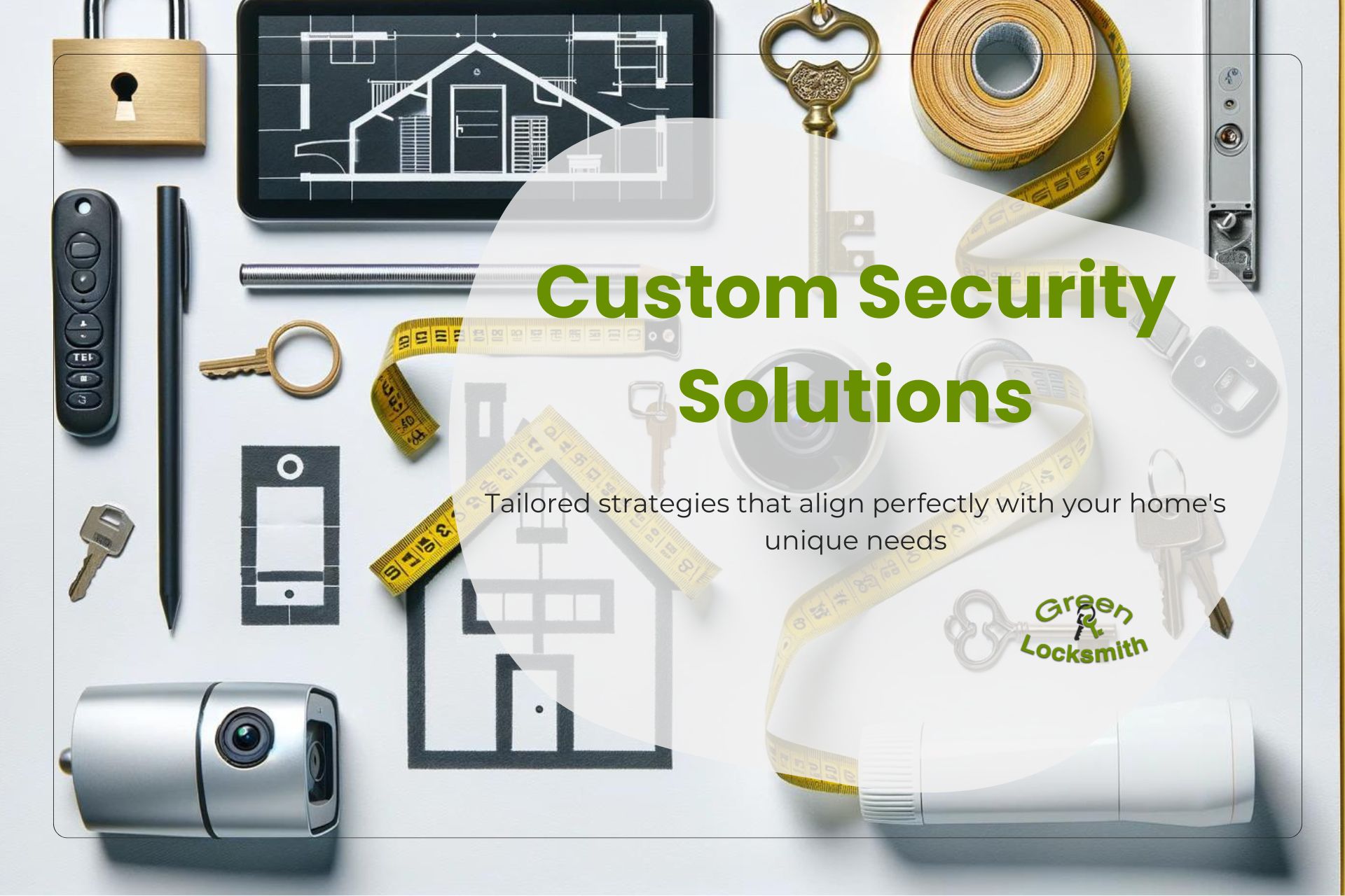 Custom security solutions displayed on a bright background, featuring various lock types and security devices tailored to individual needs.