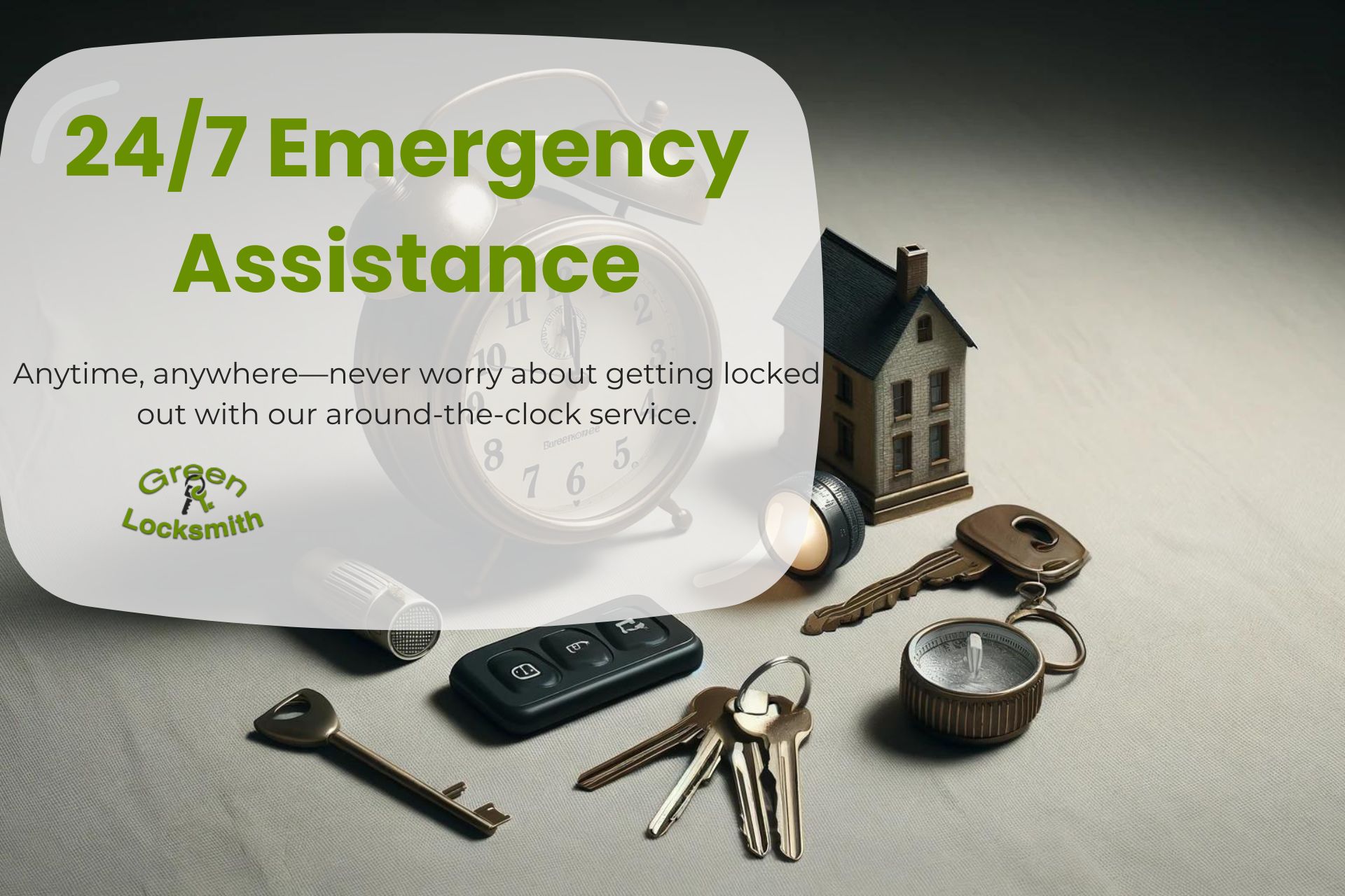 Emergency locksmith services depicted with keys, a clock, and a digital lock, emphasizing round-the-clock availability.