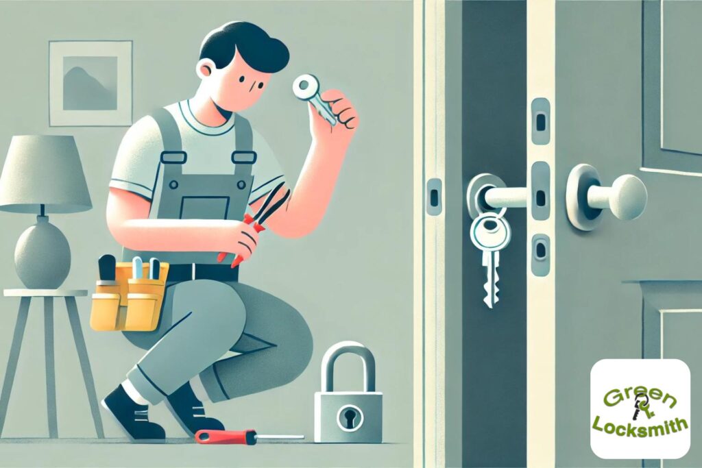 Flat illustration of locksmith updating door locks for tenant security.