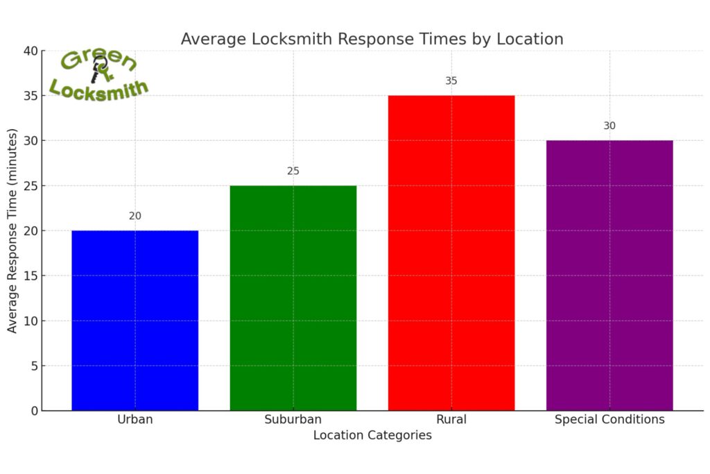 Bar graph showing locksmith response times in different locations.

