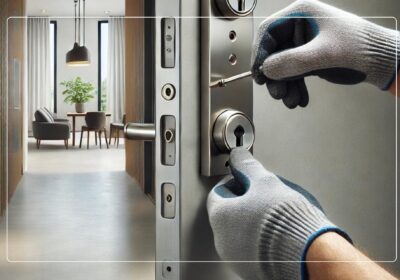 Close-up of a locksmith's gloved hands inserting a key into a new high-security door lock in a modern apartment setting.