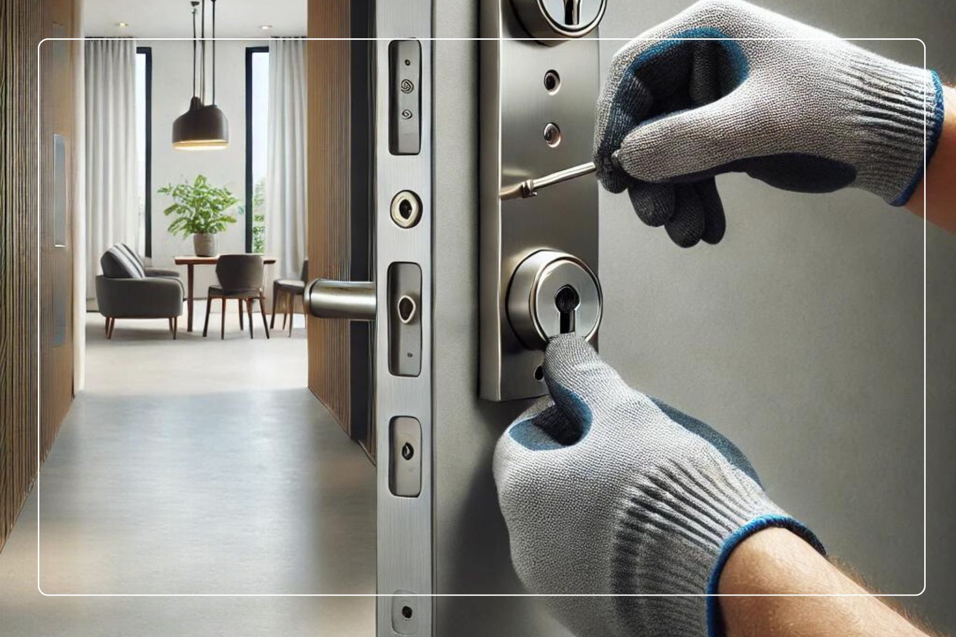 Close-up of a locksmith's gloved hands inserting a key into a new high-security door lock in a modern apartment setting.