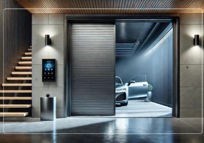 Modern garage with secure metal door partially open showing a high-end car. Title: Modern Garage Security