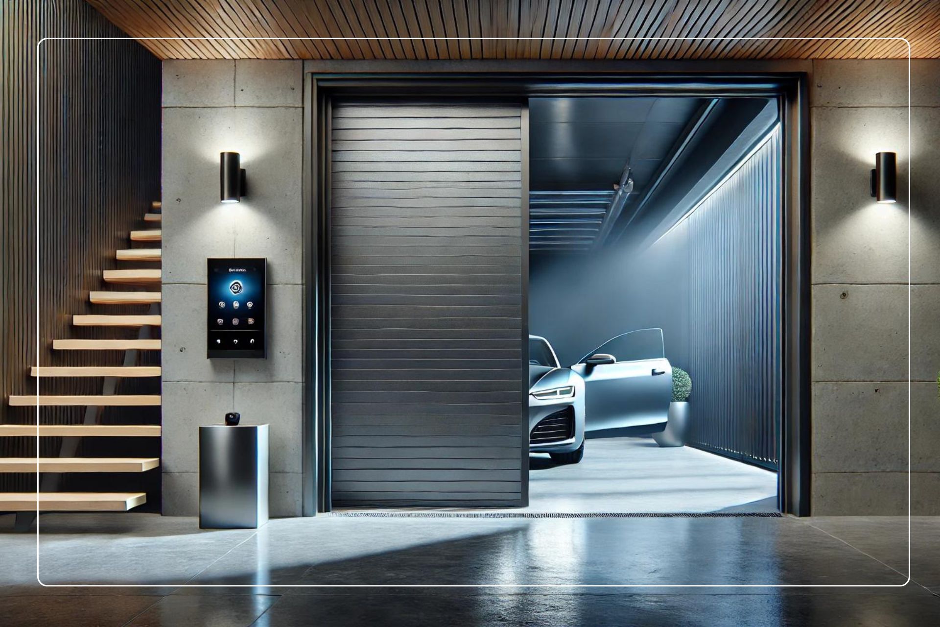 Modern garage with secure metal door partially open showing a high-end car. Title: Modern Garage Security