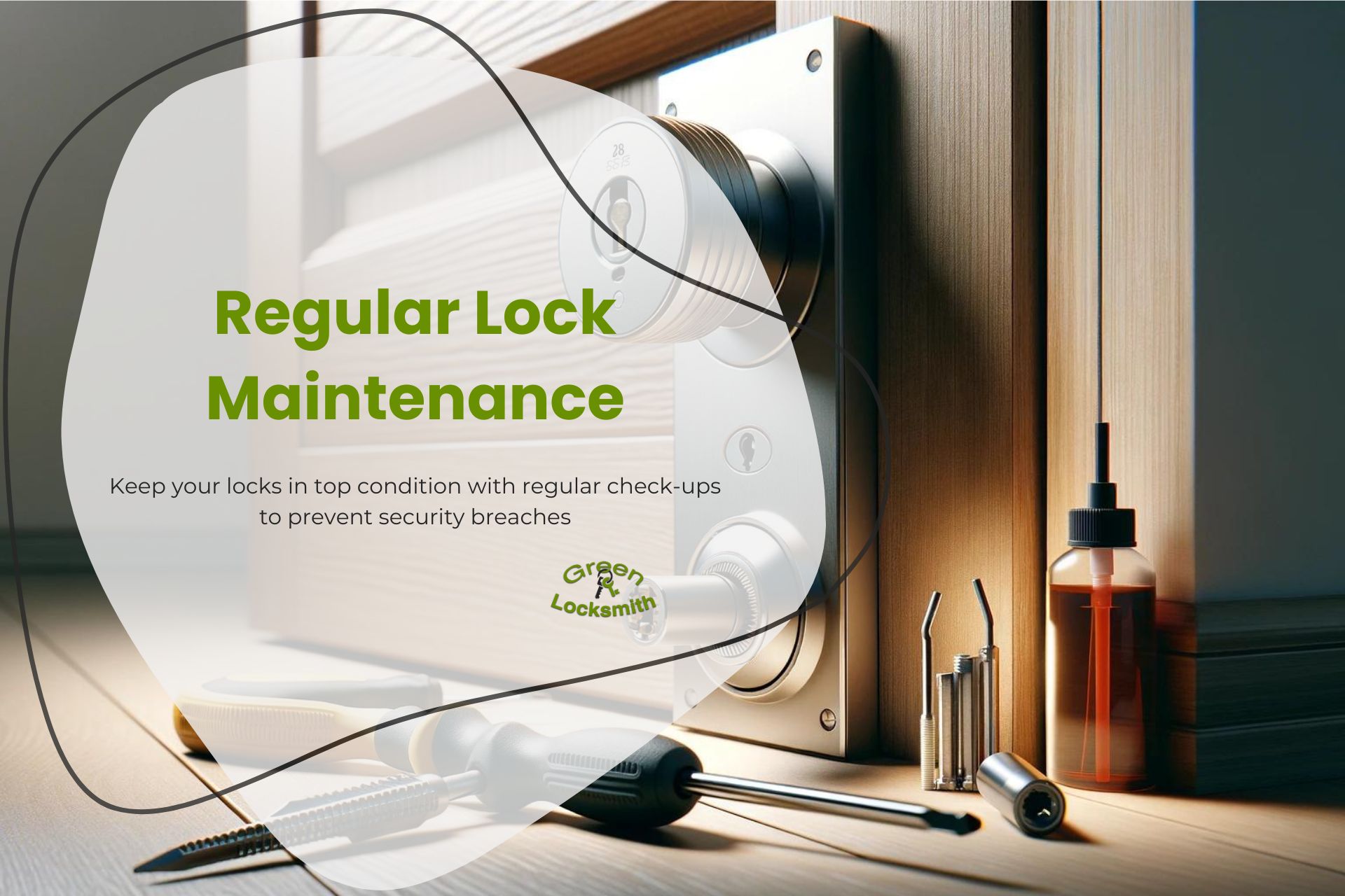 Promotional image showcasing tools and a smart lock on a door, with the text "Regular Lock Maintenance" encouraging routine check-ups to enhance security, by Green Locksmith.