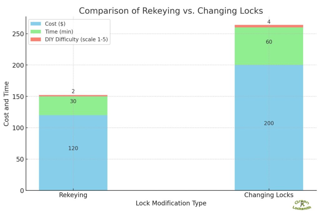 Stacked bar graph showing cost, time, and DIY difficulty of rekeying vs. changing locks.

