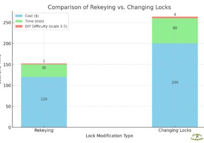 Stacked bar graph showing cost, time, and DIY difficulty of rekeying vs. changing locks.