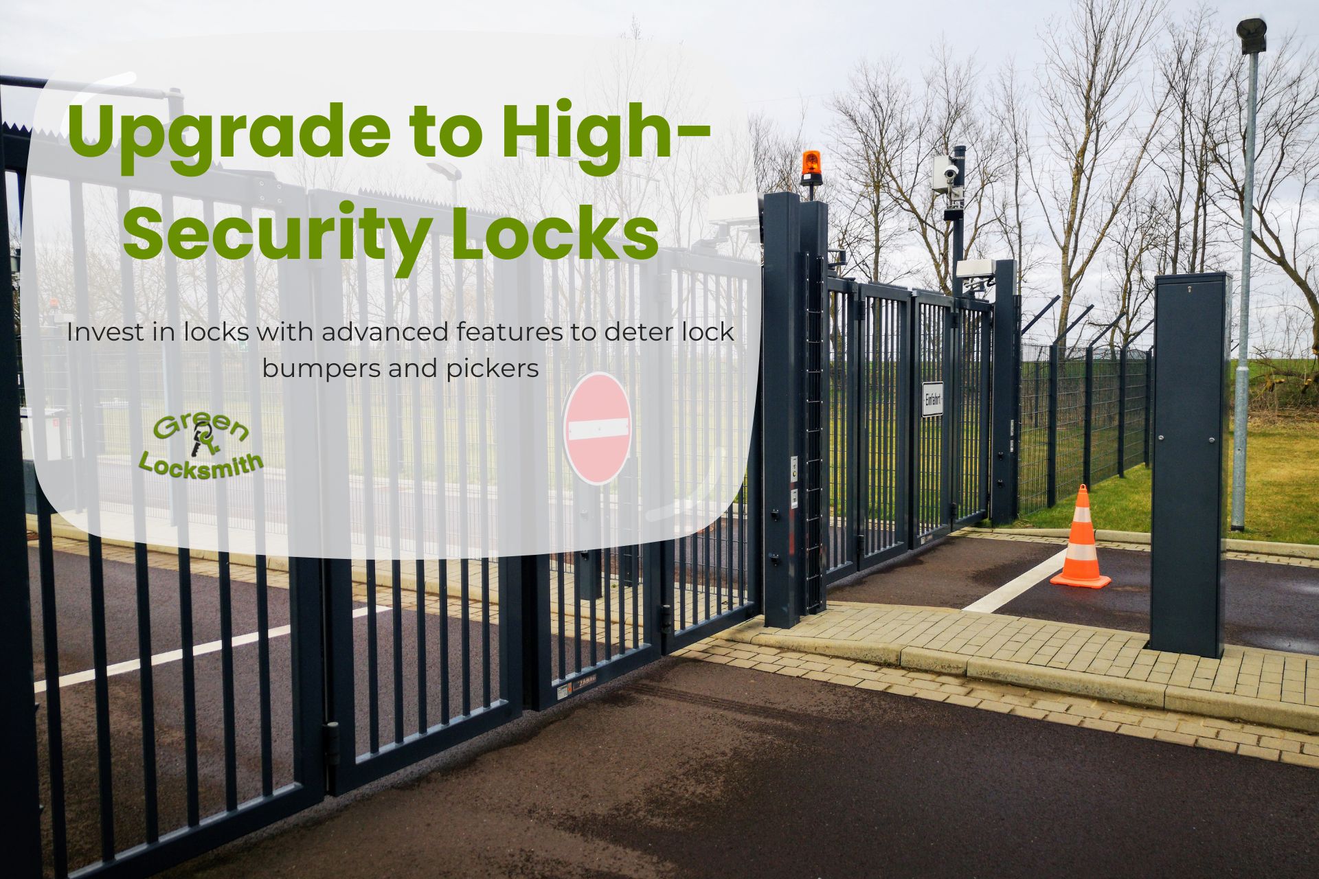 Image showing a high-security gate with advanced locking mechanisms, with the overlay "Upgrade to High-Security Locks", encouraging investments in robust security solutions from Green Locksmith.