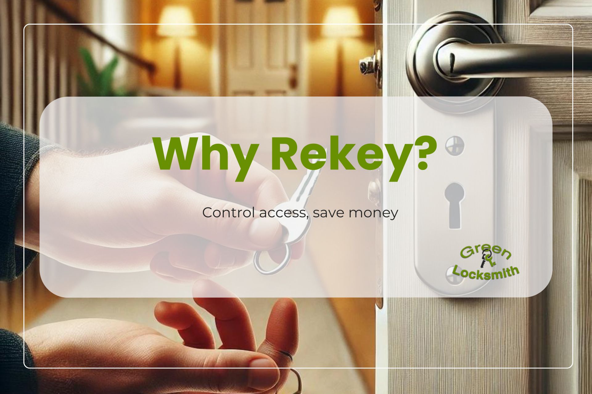 Hands rekeying a door lock with text "Why Rekey? Control access, save money" and Green Locksmith logo.