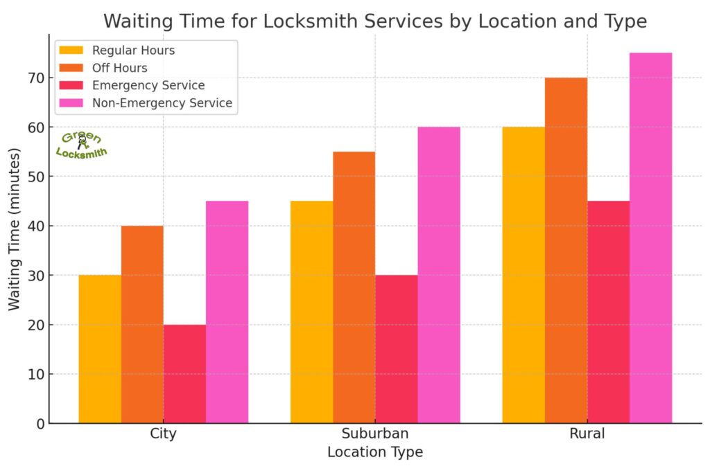 Bar chart showing locksmith waiting times by location and service type.

